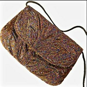 Vintage Preston & York Beaded Clutch Irredescent Lotus Evening Event Boho Cross